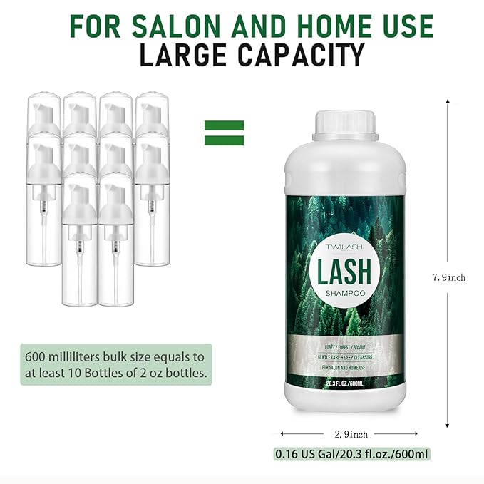600ml Lash Shampoo Bulk, Eyelash Cleanser for Extensions, Safe Makeup Remover, Non-irritating or Burning Formula Eyelid Foaming Cleanser Best for Professional Salon and Home Use (Forest)