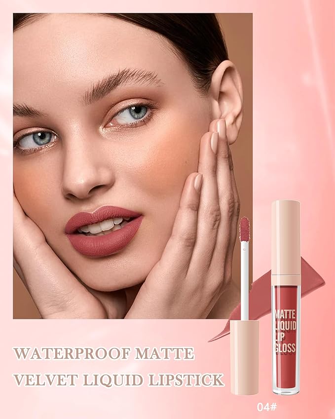 Matte Liquid Lipstick, Nude Red Velvet Lipstick Moisture Smooth Lip Stain Tint, 24H Stay Matte Lipstick, Non-Stick Cup Not Fade Long Wear Waterproof Lip Gloss Lipstick Gift for Women Girls-04#