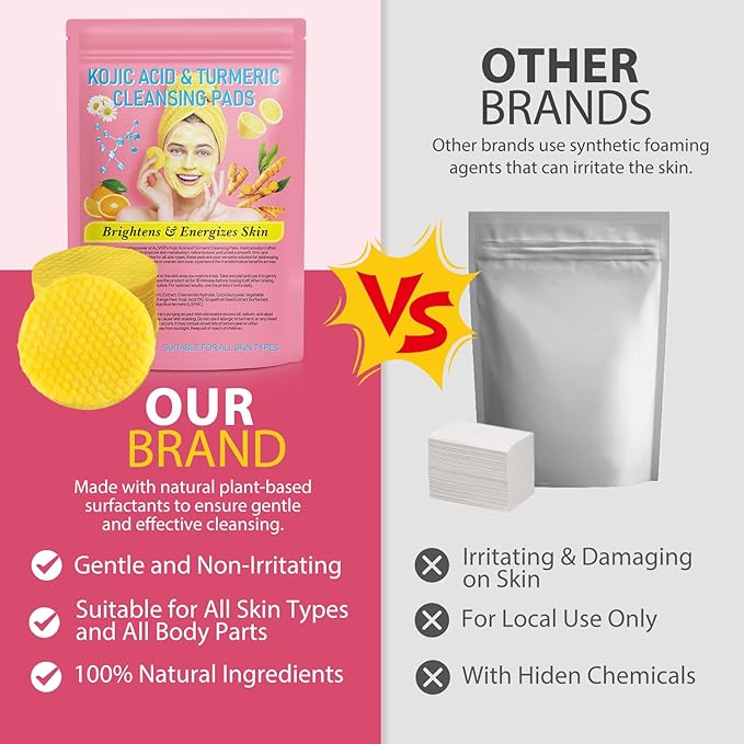 Turmeric Cleansing Pads 60 PCS, Kojic Acid and Turmeric Cleansing Pads, Turmeric Cleansing Pads for Dark Spots, Sugar Turmeric Exfoliating Cleansing Pads for Face and Body (2 pack) 