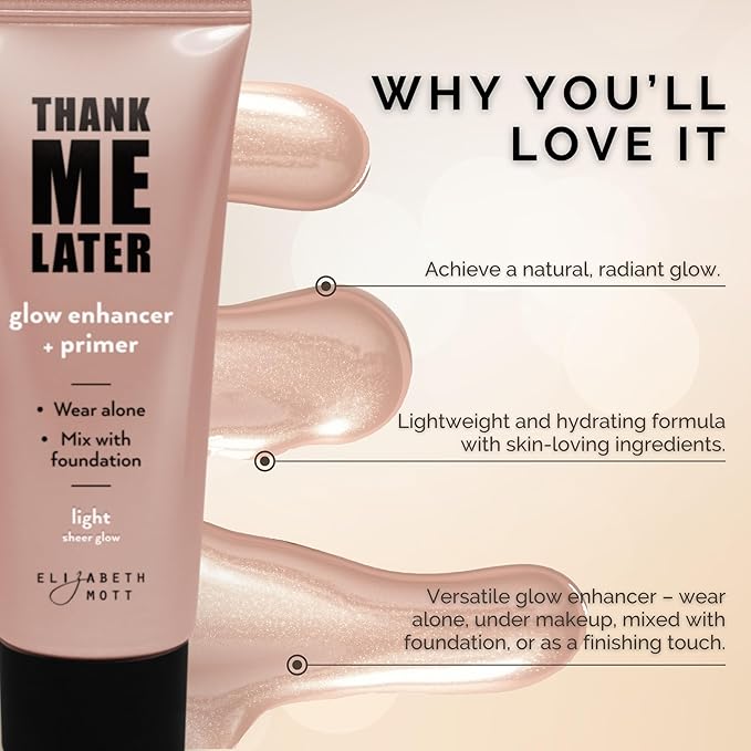 Elizabeth Mott Thank Me Later Glow Bundle: Natural Glow Enhancer Light Sheer Face Primer (30g) + Hydrating 3-in-1 Dewy Setting Spray (95ml) - Cruelty-Free Makeup Set for Radiant Skin