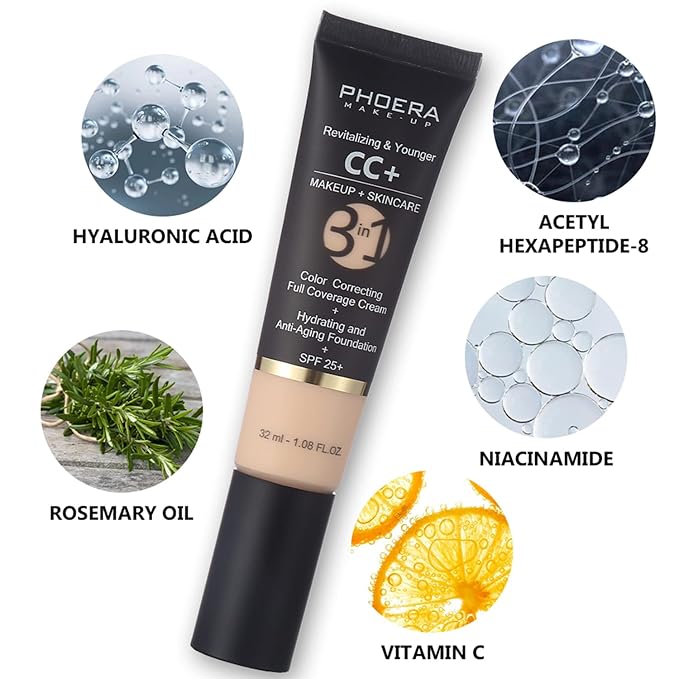 PHOERA CC+ Cream,Full Coverage Foundation,Color Correcting Cream,Anti Aging Hydrating Serum & SPF 25+ Sunscreen - Natural Finish - 1.08 fl oz (200 Mocha)