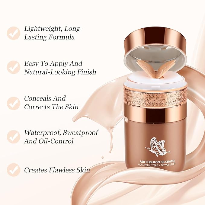 Boobeen Air Cushion BB Cream, Lightweight Moisturizing Foundation Face Makeup, Natural Matte Concealer for Dewy Finish, Conceal & Brighten Nude Base Primer Cream to Even Skin Tone, Long Lasting