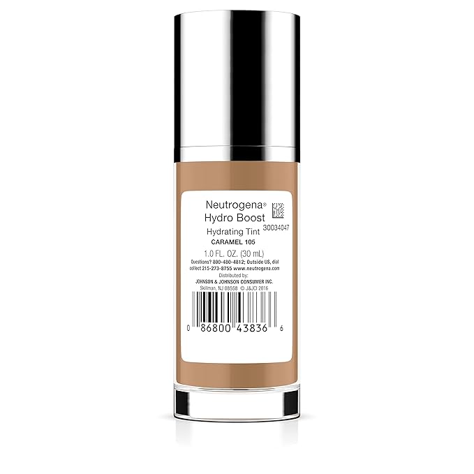 Neutrogena Hydro Boost Hydrating Tint with Hyaluronic Acid, Lightweight Water Gel Formula, Moisturizing, Oil-Free & Non-Comedogenic Liquid Foundation Makeup, 105 Caramel Color 1.0 fl. oz