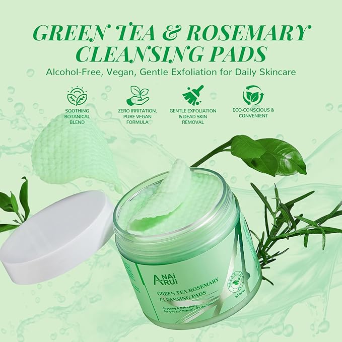 ANAI RUI Green Tea Rosemary Cleansing Pads with CICA Tea Tree Oil, Face Scrub Pads with Bubbles, Exfoliating Deep Cleansing Pad for Face and Body, Make-up Remover Wipes, 50pcs