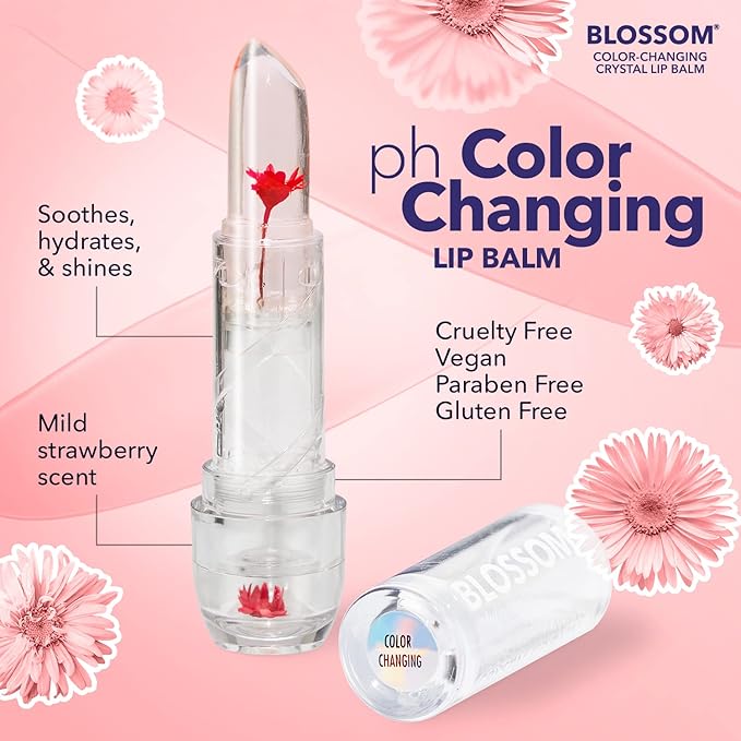 Blossom Moisturizing Scented pH Color Changing 2 pack, Strawberry Scented Crystal Lip Balm (Red), Shimmer Sparkle Lip Stain Tint (Blush), Infused with Real Flowers, 6g, Red/Blush