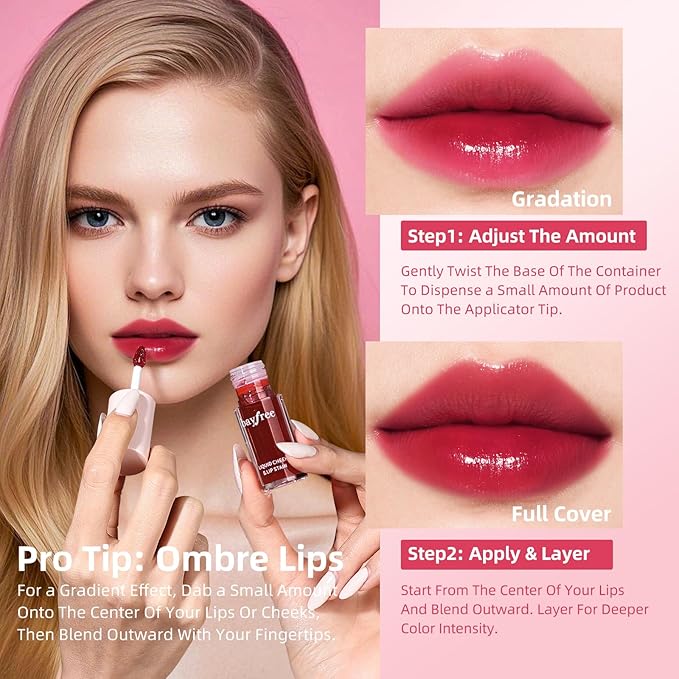 Liquid Cheek & Lip Stain, Korean Lip Tint with Moisturizing & Weightless, Non-Sticky, Long-Lasting, Kiss-proof, All Long-wearing, Vegan Makeup (Rose Cherry)