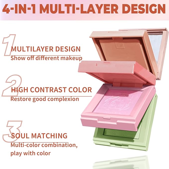 4 in 1 Blush Palette, 4 Colors Matte Face Powder Blush for Cheek, Coral Orange, Hot Pink, Lavender Purple, Refresh Green Face Rouge Long Lasting High Pigment Lightweight Korean Blush Makeup04#