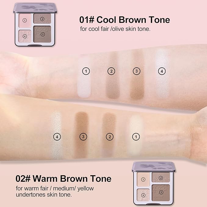 Erinde Contour Highlighter Face Sculpting Palette with Mirror, Shimmer Matte Finish, Long-lasting Smooth Pressed Powder Makeup for Cool Toned Skin, 01 Cool Brown contour