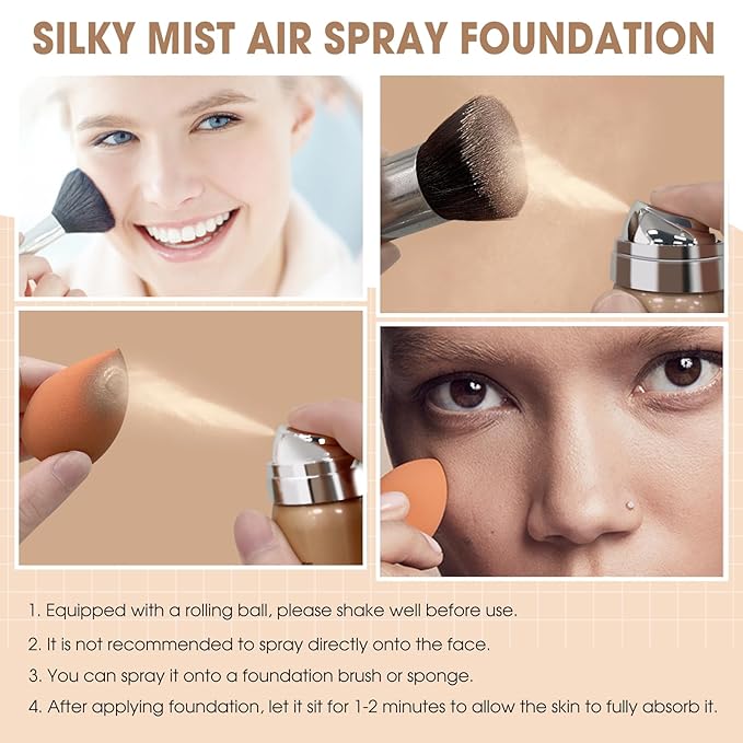 AirBrush Foundation Spray, Silky Mist Spray Makeup Kit with Brush, Full Coverage Foundation for Smooth Radiant Finish, Formula Breathable Lightweight Hydrating | #05 Sand