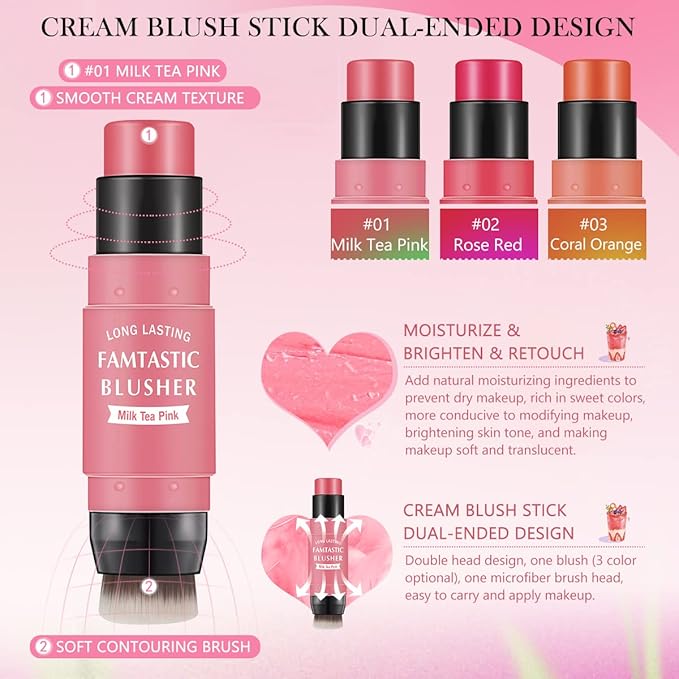 Cream Blush Stick for Cheeks - 2 in 1 Multi Makeup Blush with Brush for Cheeks Tint & Eyes & Lips, Waterproof Smooth Creme Texture, Long-lasting Wear All Day, #01 Cherry Pink