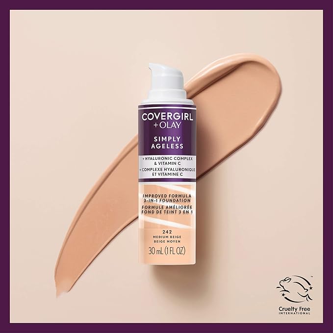CoverGirl & Olay Simply Ageless 3-in-1 Liquid Foundation, Matte Finish, Hyaluronic & Vitamin C Formula, Cruelty Free, Toasted Almond, 1 Count