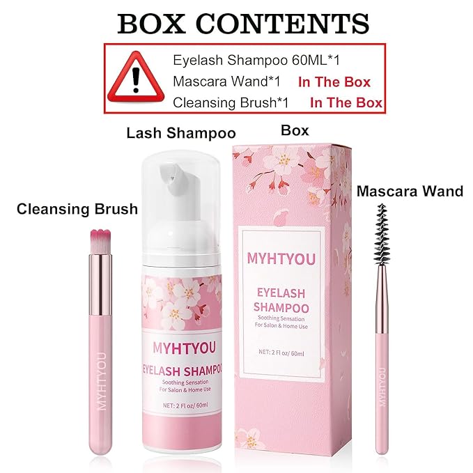 Eyelash Extension Cleanser, BREYLEE Upgraded Eyelash Extension Shampoo 60ML+Mascara Wand+Brush Eyelash Foam Cleanser For Extensions and Natural Lashes