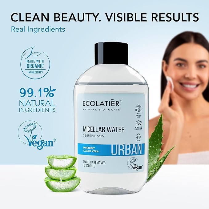 Micellar Water for Sensitive Skin with Organic Aloe Vera - 99.1% Natural Ingredients, Vegan, Hydrating Facial Cleanser & Micellar water Makeup Remover - 13.5 Fl Oz - ECOLATIER