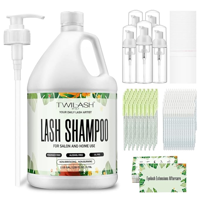 Lash Shampoo Bulk, Eyelash Cleanser for Extensions 1 Gallon / 3.8L - Includes 50 Aftercare Kits, 5 Foam Pump Bottles, Dispenser Pump - Eyelid Foaming Cleanser for Professional Salon and Home Use