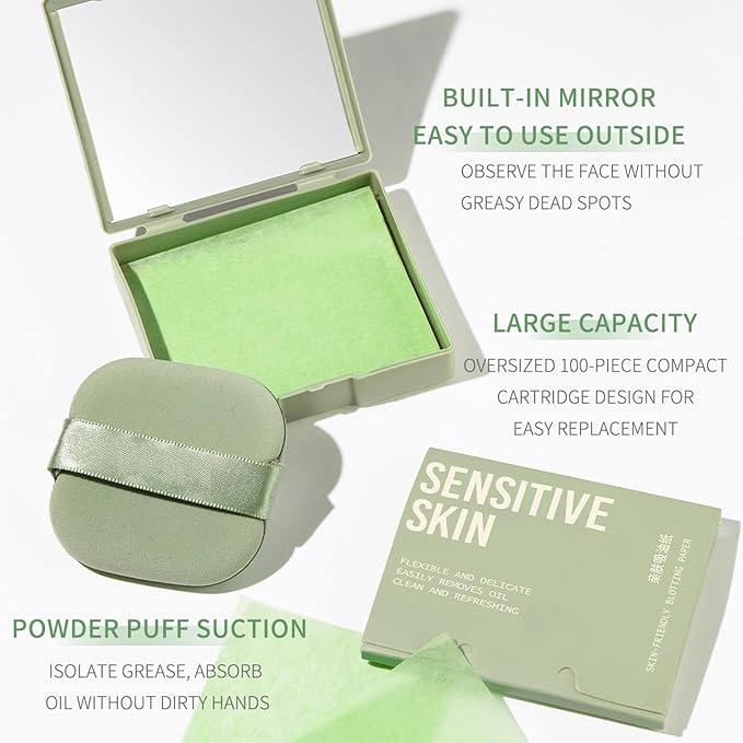 Oil Blotting Sheets for Face with Mirror and Puff,300 Sheets Face Oil Absorbing Sheets, Oil Control Paper,Absorb Excess Oil, Makeup Friendly