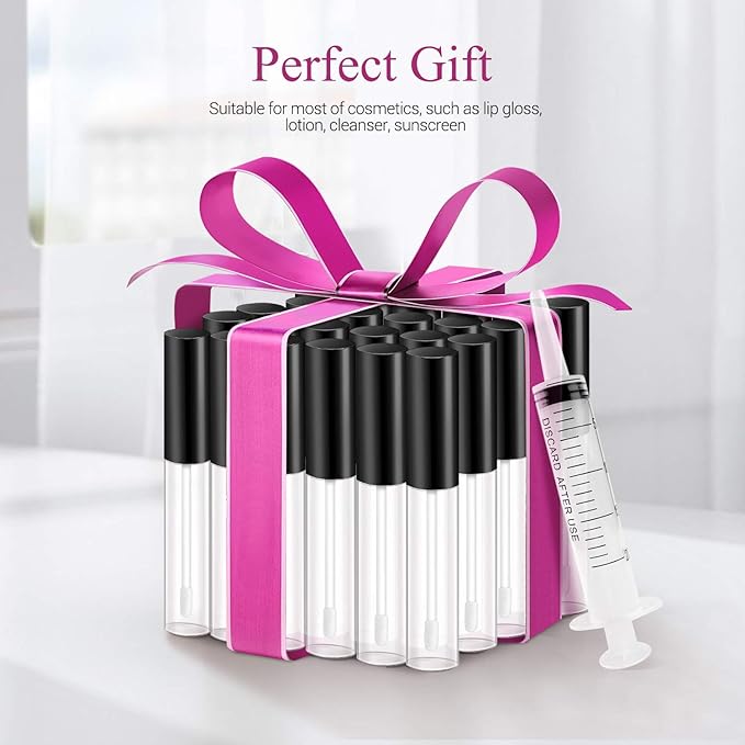 KPX 30 Pcs lip Gloss Tube Containers Bulk Wand 10ml Empty Clear Pink Lip Oil Tubes Refillable Lip Balm Bottles with Rubber Insert for DIY Makeup Such as Lip Samples, Homemade Lip Balm(Black)
