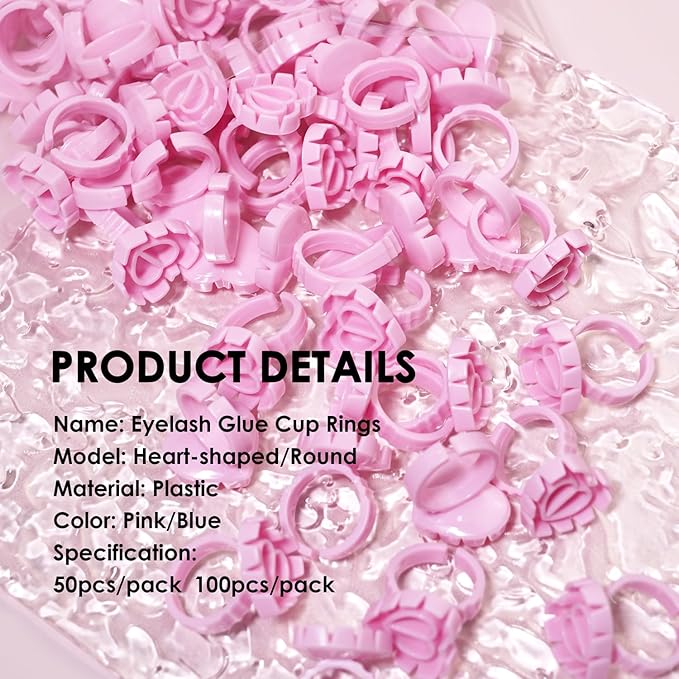 100 Pieces Lash Glue Rings, 2 in 1 Holder Open Ring(Simple Packaging)-(Pink Heart Shape)