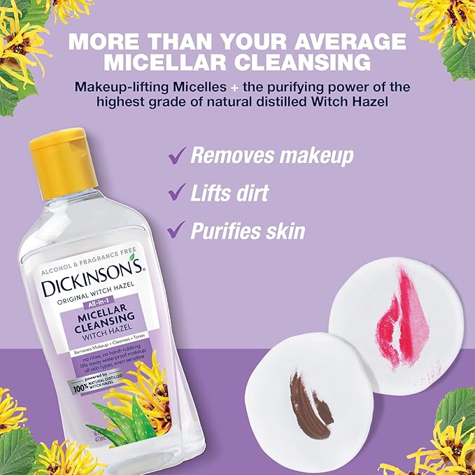 Dickinson's Micellar Cleansing Witch Hazel, An All-in-1 Makeup Remover, Pore Refiner, Skin Cleanser and Toner; Alcohol Free with Aloe, for Sensitive Skin, 16oz (Pack of 2)