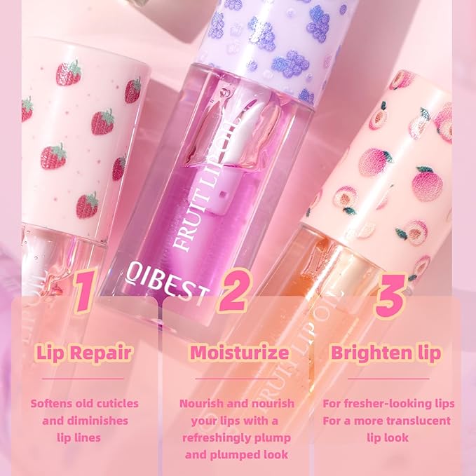 4PCS Fruity Lip oil,Big Brush Head Lip Oil,Moisturizing Lip Gloss Lip Oil,Natural Nourishing Lip Oil Gloss,Lightweight & Non Greasy, Pink