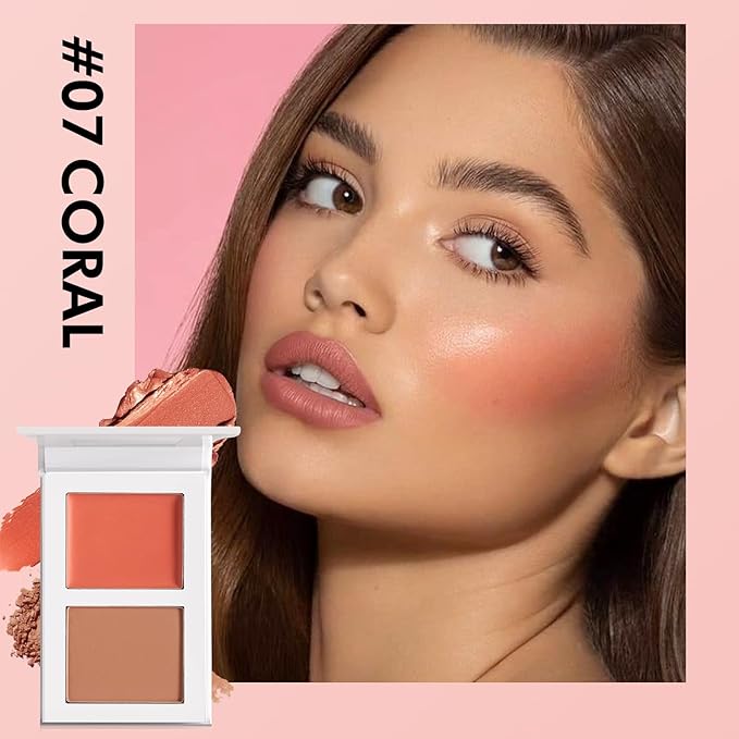 Coral Blush Cream Duo for Cheeks, Highly Pigmented Dewy Finish, Natural Looking, Peach Face Flushed Blusher with Mirror, Long Lasting Glowy Sunset Orange, Vegan Talc Free (07#)