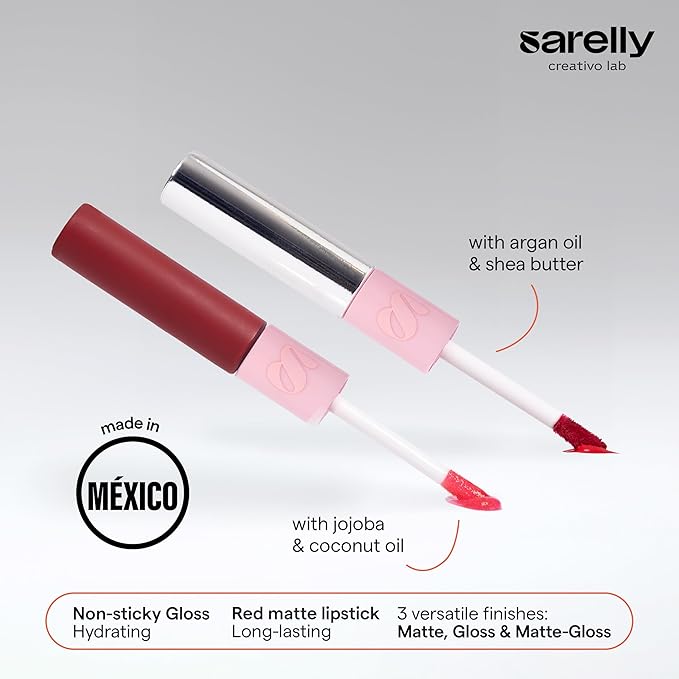 SARELLY CREATIVO LAB | Duo Telenovela Lips Matte & Gloss Lip Kit | Hydrating Red Lipstick + Non-Sticky Gloss | Cruelty Free