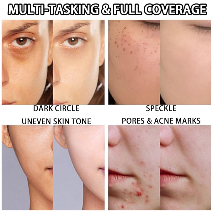 Hydrating CC Cream with Makeup Sponge,Waterproof Flawless Concealer Full Coverage BB Cream and Loose Setting Powder,Long Lasting Full Coverage Liquid Foundation for Men & Women(2 Pcs)