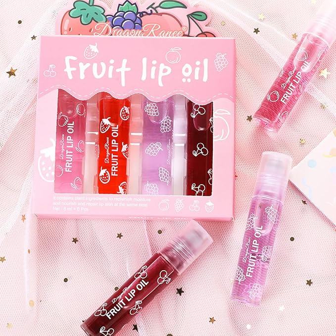 4 Pcs Fruit-Flavored Lip Gloss Set,Transparent Colorless Moisturizing Plumper Lip Lotion Rolling Ball Lip Oil Liquid Lipstick