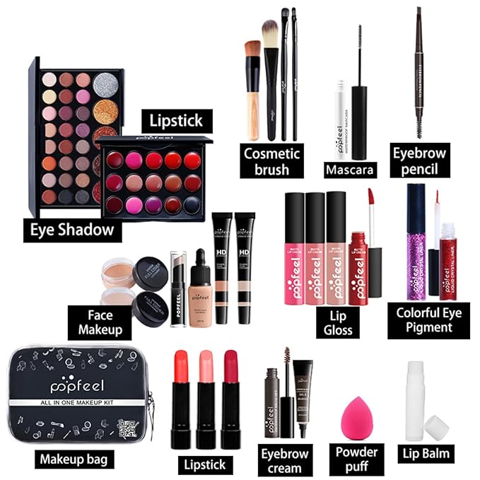 Pure Vie All-in-One Holiday Gift Surprise Makeup Set Essential Starter Bundle Include Eyeshadow Palette Lipstick Concealer Blush Mascara Eyeliner Face Powder Lipgloss Brush - Full Makeup Kit for Women