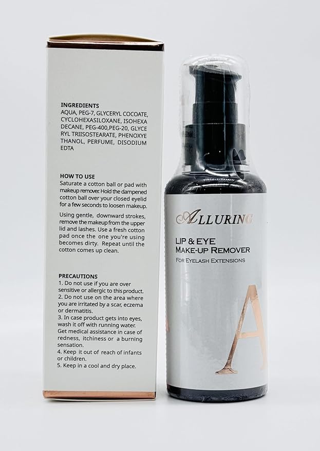 Eyelash Extensions Lips & Eye Makeup remover/Oil Free/Gentle/No Burn/Lash Extension Make-up Remover by Alluring Lashes 100ml
