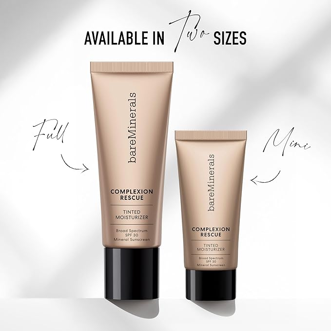bareMinerals Complexion Rescue Tinted Moisturizer for Face with SPF 30, Vegan Tinted Mineral Sunscreen with Hyaluronic Acid, Mini Size, Tan Amber 07