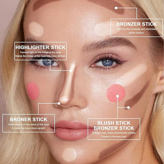 3 Colors Cream Contour Stick, Shades with Highlighter Stick,Blush Stick and Bronzer Contour Stick for Sculpt the Cheeks,Long Lasting,Waterproof,Matte & Dewy Finish for Women (LIGHT(1+3+4))