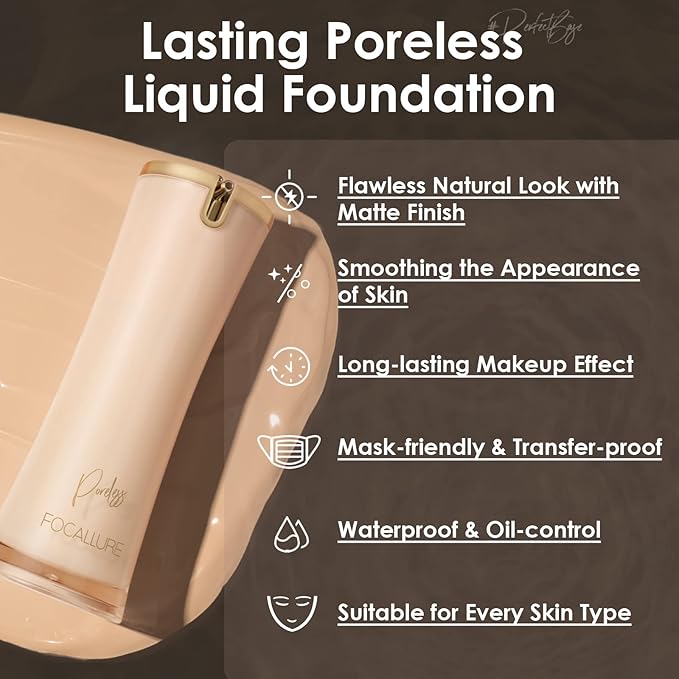 FOCALLURE PerfectBase Lasting Poreless Liquid Foundation, Medium to Full Coversage with Matte Finish, Covers Blemishes & Under-Eye Circles for All Skin Types, NE01 PORCELAIN