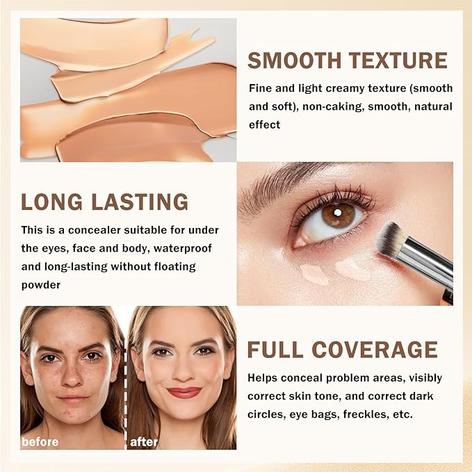 2PCS Under Eye Corrector White Concealer Full Coverage,Pro Cream Concealer Makeup,Waterproof Color Correcting Corrector de Ojeras (01 Ivory White+02 Light Cream)