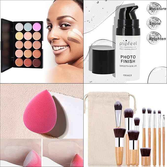 Pure Vie All-in-One Holiday Gift Surprise Makeup Set Essential Starter Bundle Include Eyeshadow Palette Lipstick Concealer Blush Mascara Eyeliner Face Powder Lipgloss Brush - Full Makeup Kit for Women