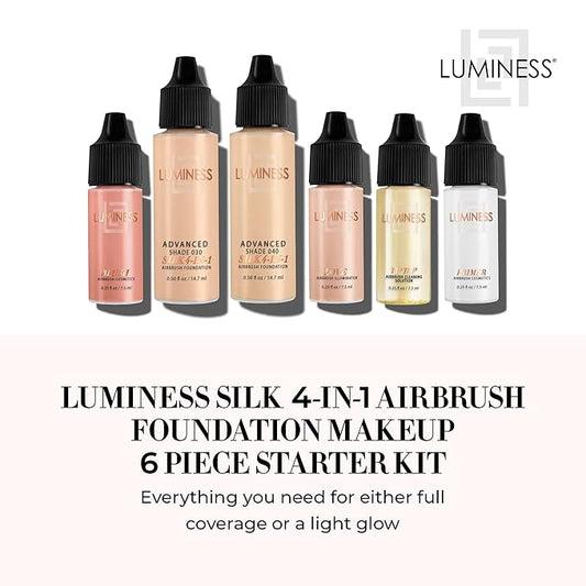 Luminess Silk 4-in-1 Airbrush Foundation Makeup Starter Kit - Medium Coverage, 6-piece - Includes 2x Silk Airbrush Foundation, Blush, Glow Highlighter, Moisturizer Primer & Airbrush Cleaning Solution