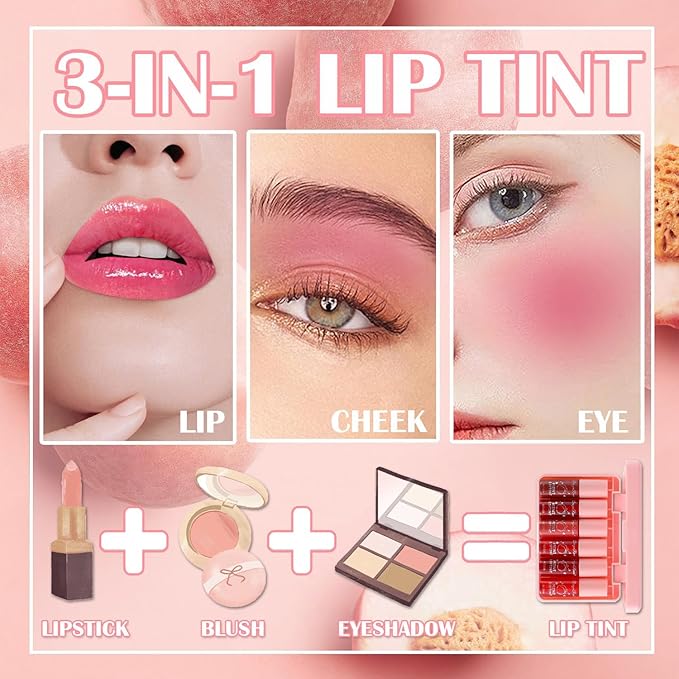 Korean Velvet Watery Moisturizing Lip Tint Set - 6 Colors, Multi-Use Lip & Cheek Tint, Long-Lasting, High Pigment, Vivid Color