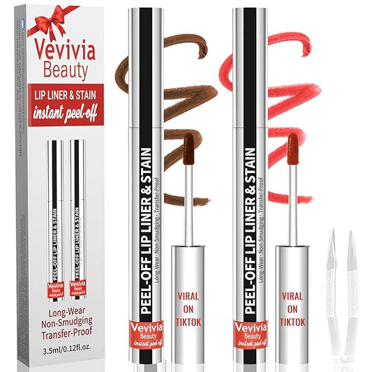 2pcs Lip Stain Peel Off - Lip Liner Stain Long Lasting Waterproof,2-in-1 Lip Liner with Tweezer Nude Matte,Non-Stick Cup,Highly Pigmented,Natural Finish,Stay On All Day,Perfect for Gift (Cocoa+Coffee)