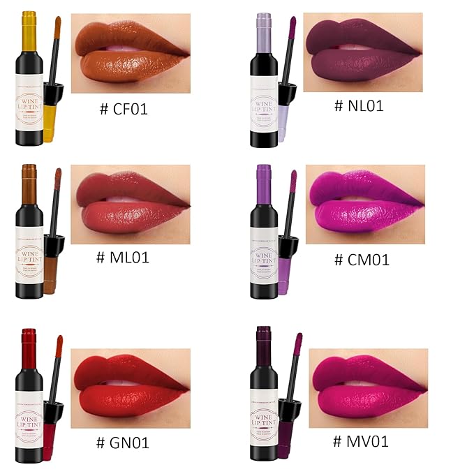 ALIVER Wine Lip Tint 6 Colors/Set, Waterproof Long Lasting Lip Stain, Non stick Cup Lip Gloss, Light