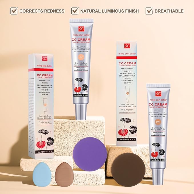 Color Correcting CC Cream with Powder Puff 【SPF 25】, Light & Hydrating CC Cream Foundation with Centella Asiatica, Multi-Purpose for Even Skin Tone, Refine Skin Texture, SPF Protection (Dark)
