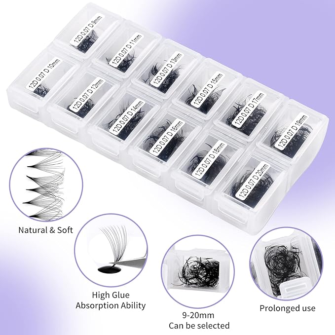 1200 Fans Lash Extension Premade Fans Eyelash Extensions 9-20mm Mixed 12D Eyelash Extension D Curl Pointed Base Volume Lash Extensions Lash Extensions(1200PCS-12D-0.07-D, 9-20mm mixed tray)