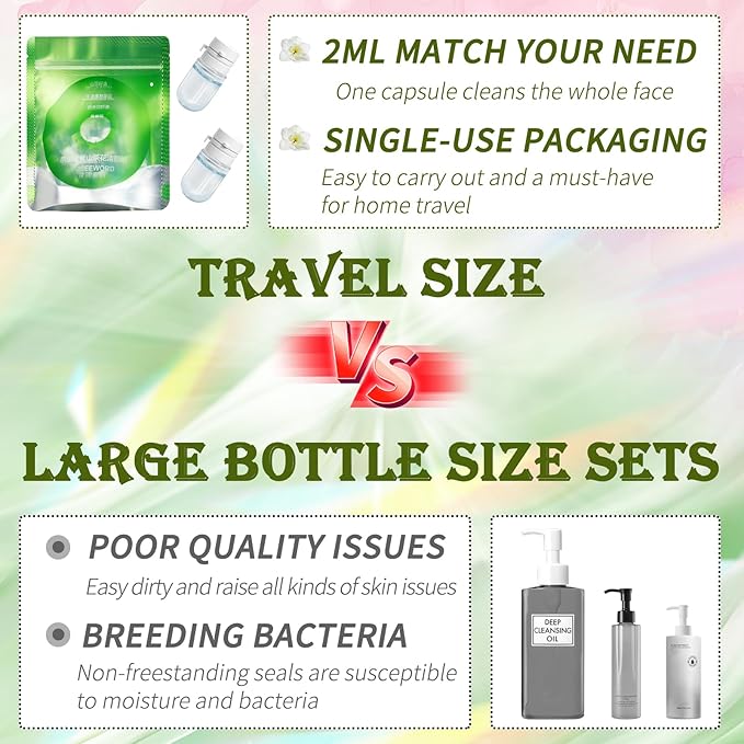 2packs Cleansing Oil Mini, Natural Makeup Remover Oil for Face, Gentle for All Skin Types, Travel Size, Individually Packaged Units, 2ml 40caps(Rose+Camellia)