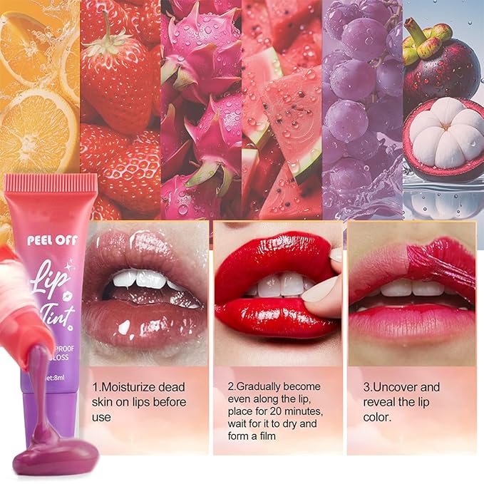 Peel Off Lip Stain,Fruit Lip Tint Stain Peel Off Waterproof Lip Tattoo Gloss Matte Finish Non-Stick Long Lasting Lip Liner Peel Off for Women 3 Colors (01#+02#+03#)