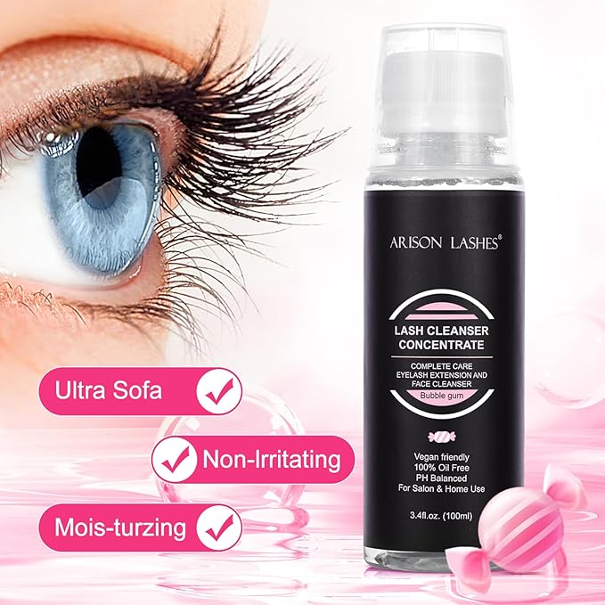 Eyelash Cleanser Concentrate 100ml Lash Extensions Shampoo Natural Foaming Cleanser DIY Non-lrritating Wash for Extensions Lashes with Salon Home Care-Makes 20 Bottles 60ml lash Shampoo (Bubble gum)