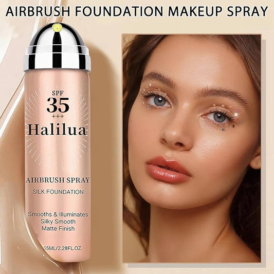 Sunscreen Airbrush Foundation Makeup Spray with Brush, SPF 35, Full Coverage Airbrush Foundation for Smooth Radiant Finish, Silky Concealer Mist Spray Makeup, Long-lasting & Waterproof (Beige)