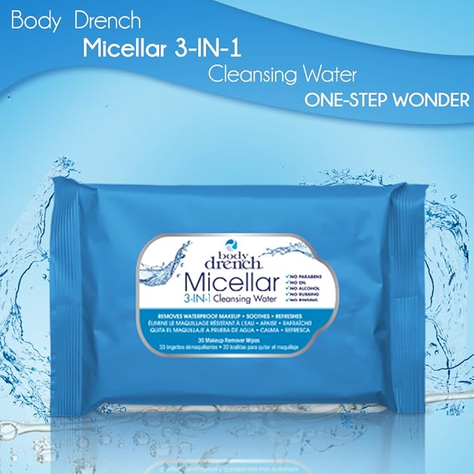 Body Drench 3-in-1 Micellar Water Makeup Remover Wipes – Removes Waterproof Makeup, Facial Cleanser, 30 Ct. (6 Pack)