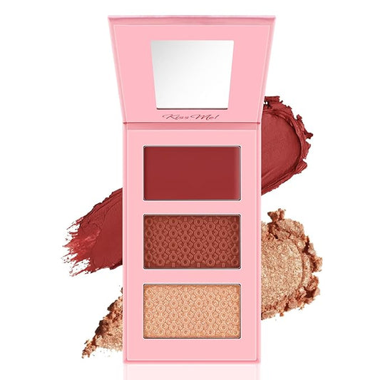 3 Color Highlighter Makeup Palette, Matte Powder Blush for Cheeks, Lightweight, Blendable, Shimmer Shadow Powder with Mirror, Easy to Create Natural Three-dimensional Look