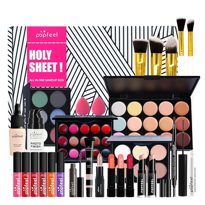 Pure Vie All-in-One Holiday Gift Surprise Makeup Set Essential Starter Bundle Include Eyeshadow Palette Lipstick Concealer Blush Mascara Eyeliner Face Powder Lipgloss Brush - Full Makeup Kit for Women