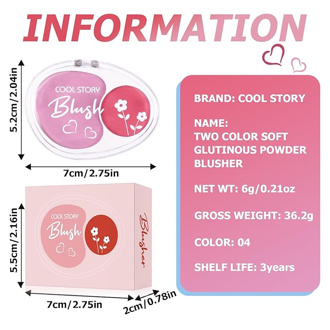 Dual-Tone Face Blush Palette for Cheeks - Waterproof, Long-Lasting, Satin Finish, Creamy Texture, Sculpting, All Skin Tones, Squalane, Highlighting, for Home, Travel, Makeup 2 Tone Tint 4#