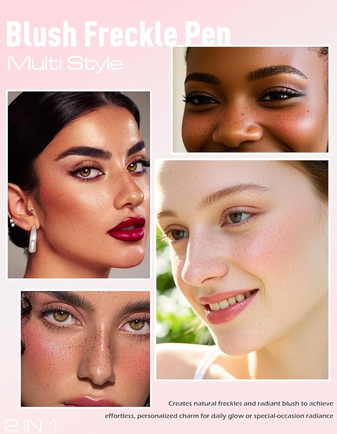 Freckle Pen Blush 2 in 1 Natural Lifelike Light Brown Freckle Stamp Pink Liquid Blush for Cheeks Quick Dry Fake Freckles Long Lasting Faux Freckles Tattoo Marker Waterproof for Sunkissed Makeup