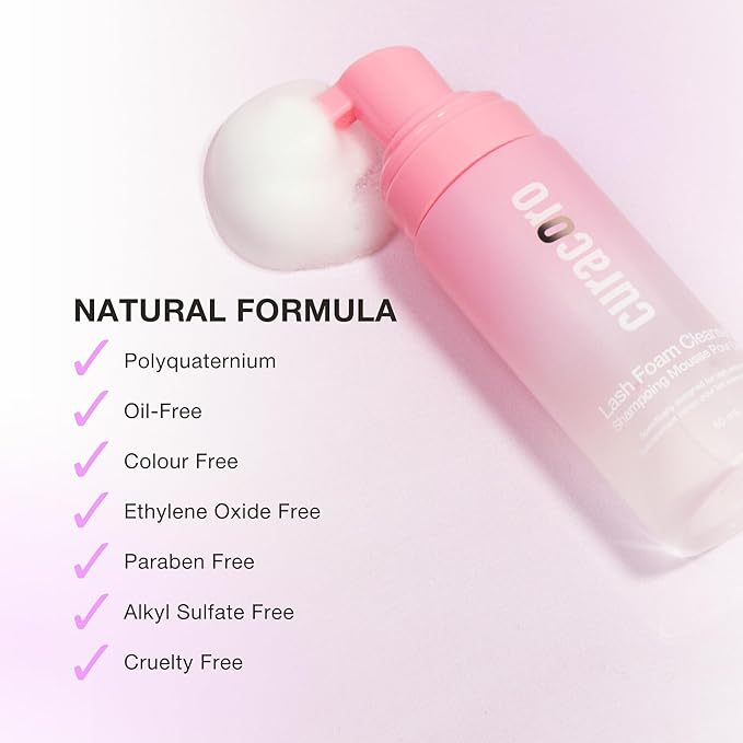 CURACORO 60ML Eyelash Extension Cleanser (Rose Scented) - Lash Shampoo for Lash Extensions, Eyelash Extension Foam Cleanser for Sensitive Skin, Removes Waterproof Makeup for Professional & Home Use
